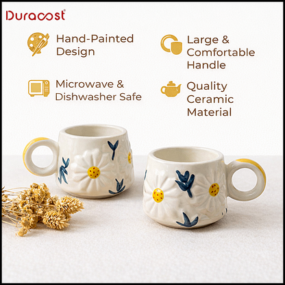 DuraSip™ Sunny Mugs – Premium Ceramic Coffee Mug Set of 2 | Floral Embossed Tea Cups
