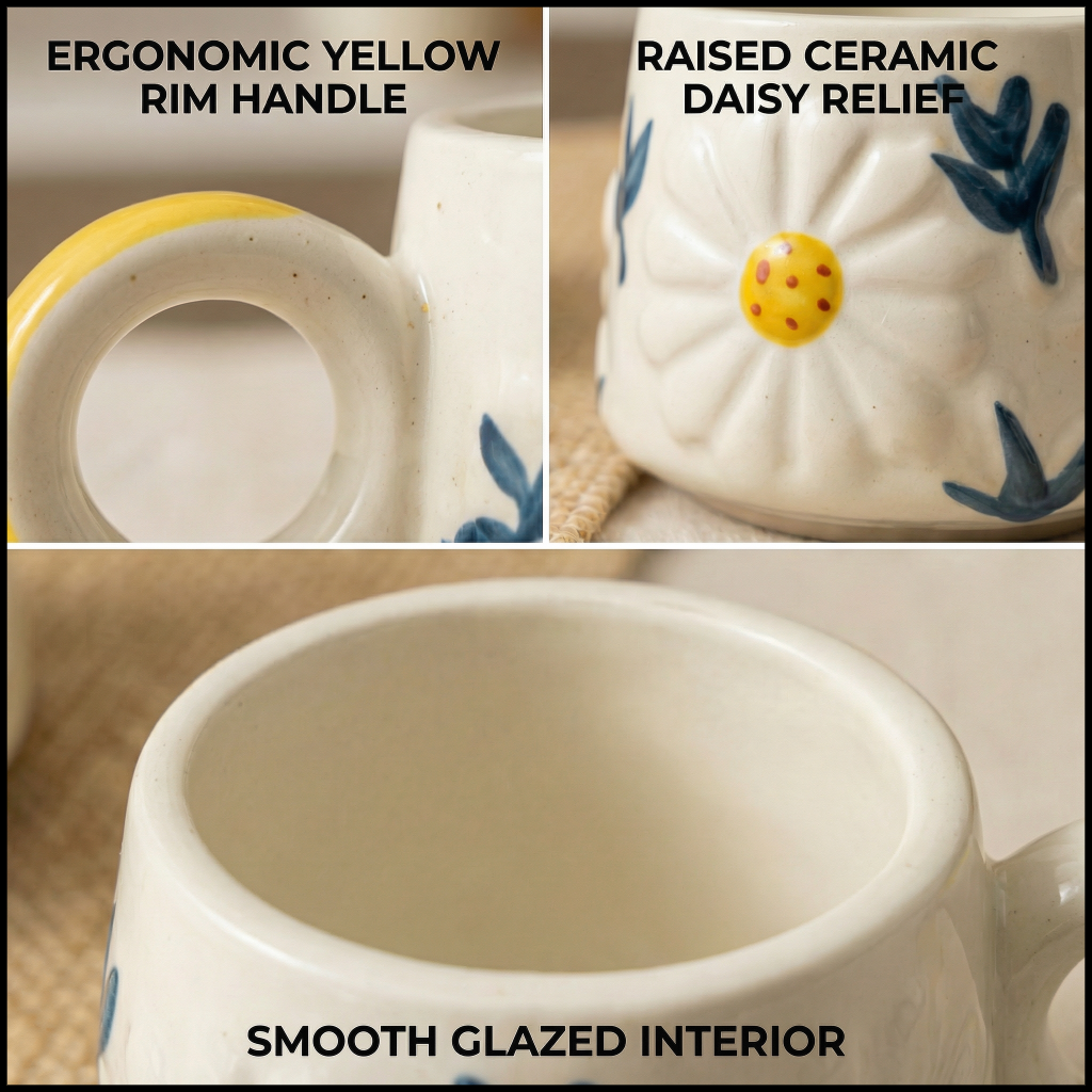 DuraSip™ Sunny Mugs – Premium Ceramic Coffee Mug Set of 2 | Floral Embossed Tea Cups
