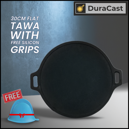 DuraCast 30cm Cast Iron Tawa with Free Silicone Grips – Pre-Seasoned & Perfect for Indian Cooking