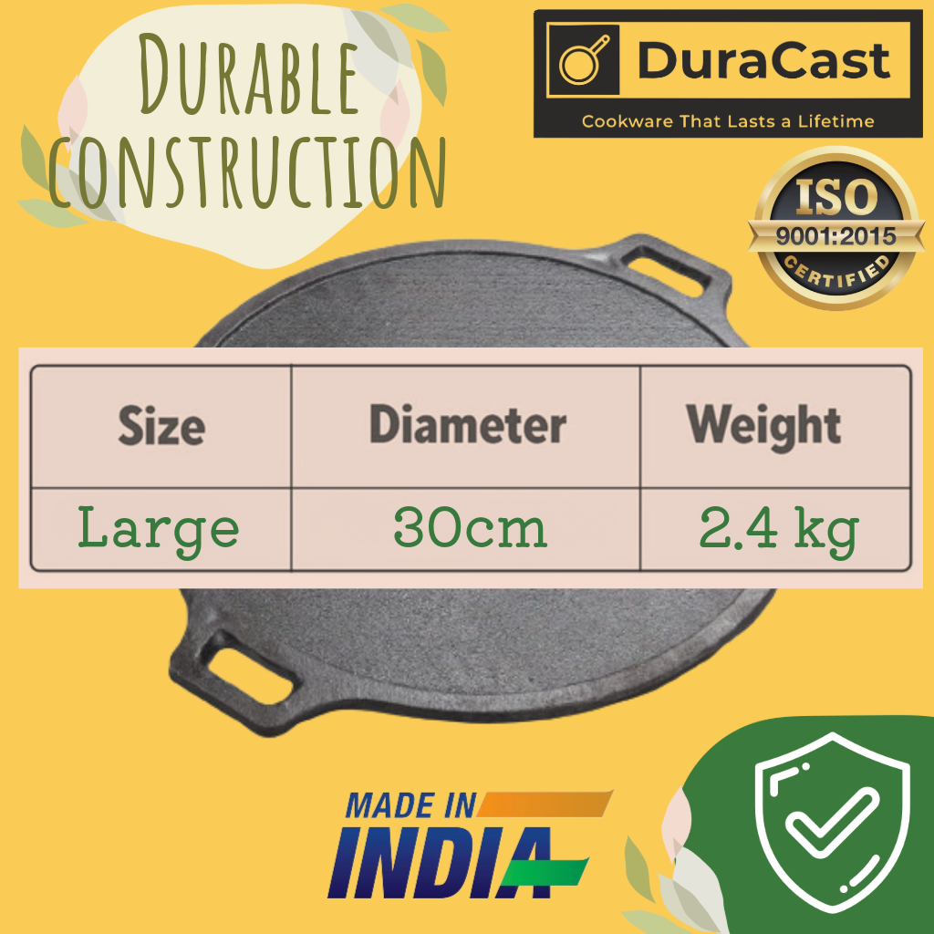 DuraCast India Combo of Cast Iron 30cm Tawa, 25cm Skillet and 26cm Kadhai