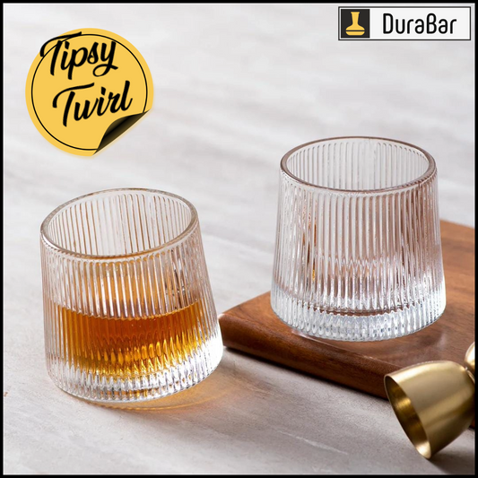 DuraBar Tipsy Twirl – 360° Rotating Dancing Whisky Glasses with Vertical Stripes | Set of 2 | Premium Barware