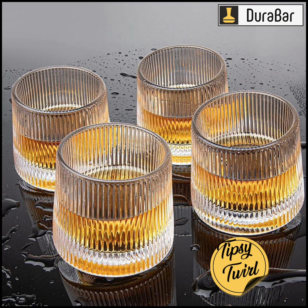 DuraBar Tipsy Twirl – 360° Rotating Dancing Whisky Glasses with Vertical Stripes | Set of 2 | Premium Barware