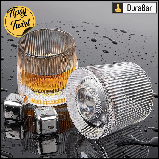 DuraBar Tipsy Twirl – 360° Rotating Dancing Whisky Glasses with Vertical Stripes | Set of 2 | Premium Barware