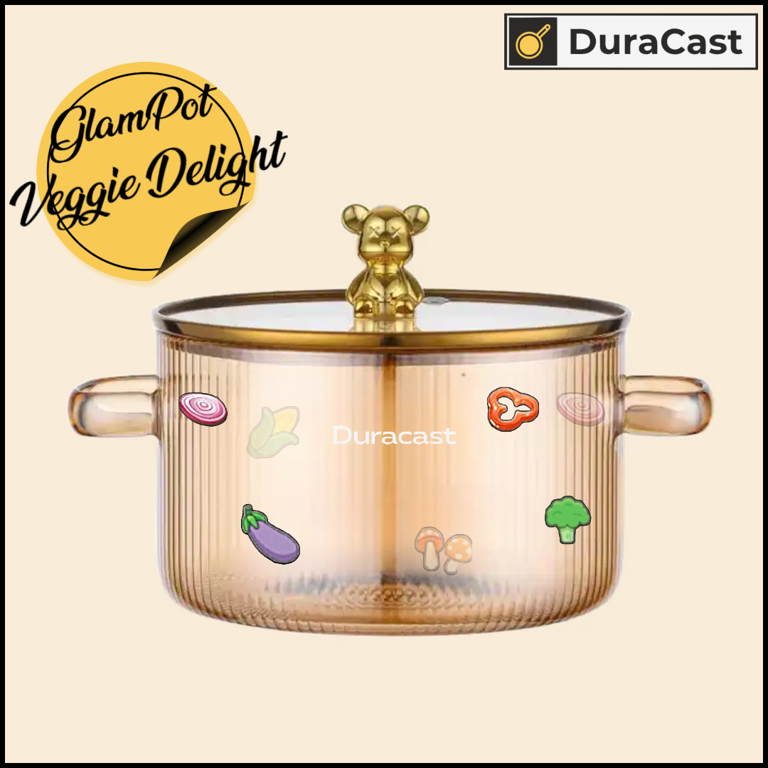 DuraCast GlamPot Veggie Delight 1.6L – Borosilicate Glass Pot with Bear Lid & Glass Handles | Stove Safe