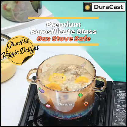 DuraCast GlamPot Veggie Delight 1.6L – Borosilicate Glass Pot with Bear Lid & Glass Handles | Stove Safe