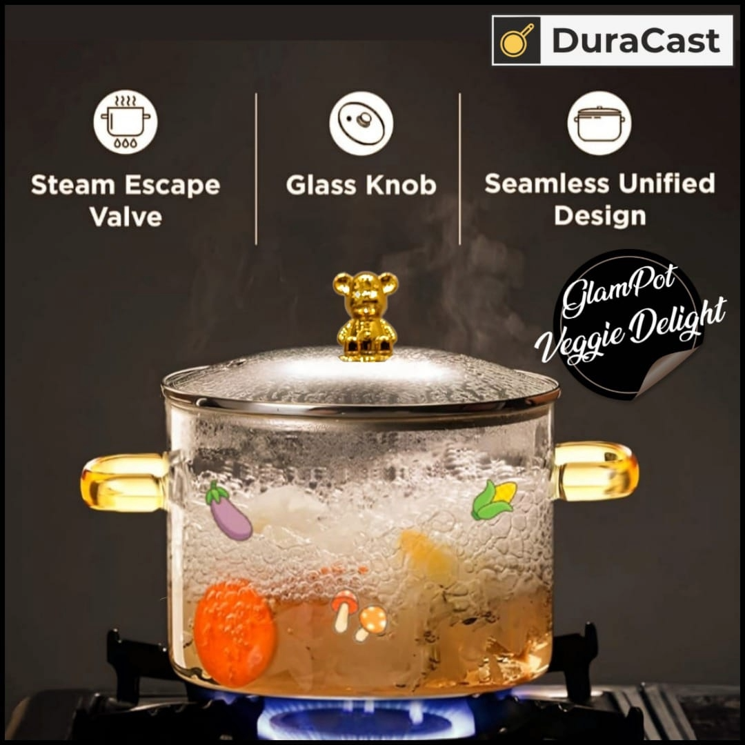 DuraCast GlamPot Veggie Delight 1.6L – Borosilicate Glass Pot with Bear Lid & Glass Handles | Stove Safe
