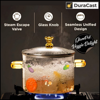 DuraCast GlamPot Veggie Delight 1.6L – Borosilicate Glass Pot with Bear Lid & Glass Handles | Stove Safe