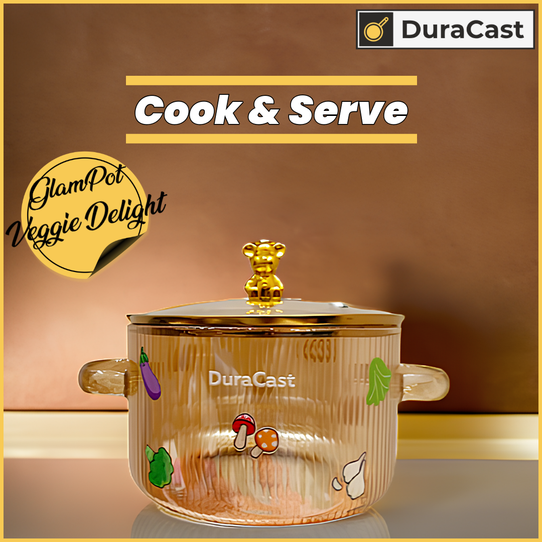 DuraCast GlamPot Veggie Delight 1.6L – Borosilicate Glass Pot with Bear Lid & Glass Handles | Stove Safe