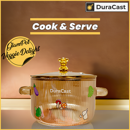 DuraCast GlamPot Veggie Delight 1.6L – Borosilicate Glass Pot with Bear Lid & Glass Handles | Stove Safe