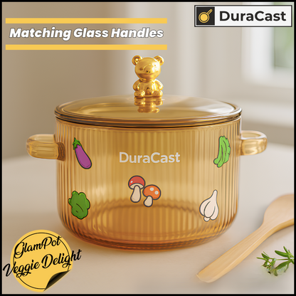 DuraCast GlamPot Veggie Delight 1.6L – Borosilicate Glass Pot with Bear Lid & Glass Handles | Stove Safe