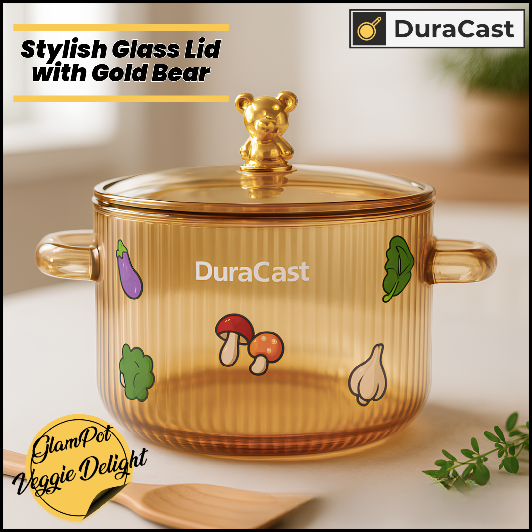 DuraCast GlamPot Veggie Delight 1.6L – Borosilicate Glass Pot with Bear Lid & Glass Handles | Stove Safe