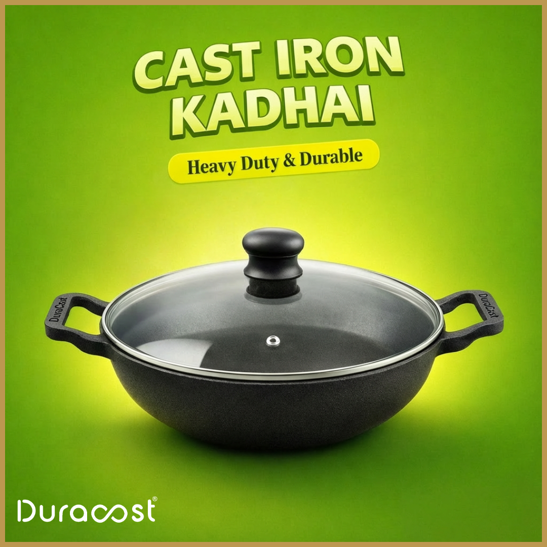 DuraCast India 26|24|22 cm Traditional Cast Iron Kadhai - Lightweight & Durable | Pre-Seasoned