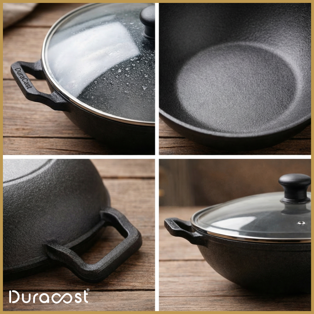 DuraCast India 26|24|22 cm Traditional Cast Iron Kadhai - Lightweight & Durable | Pre-Seasoned