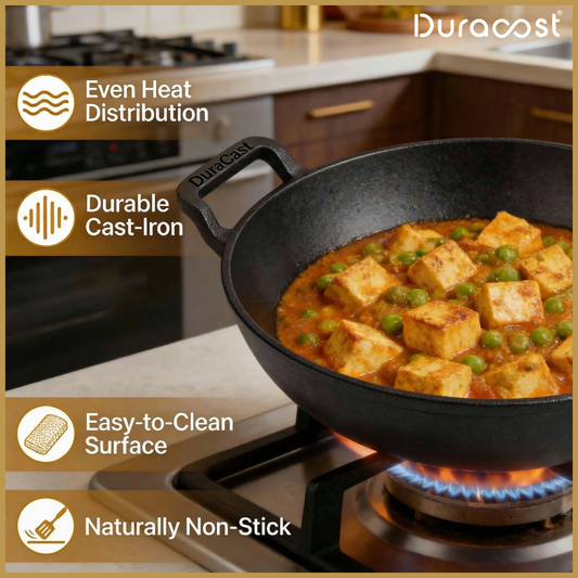 DuraCast India 26|24|22 cm Traditional Cast Iron Kadhai - Lightweight & Durable | Pre-Seasoned