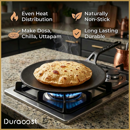 DuraCast® Cast Iron Roti Tawa | Pre-Seasoned Concave Tawa for Roti, Chapati & Paratha | Gas & Induction Compatible