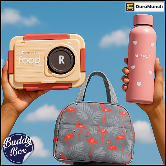 DuraMunch Buddy Box Combo – Teen Lunch Box Set with Custom Bottle & Bag | For Boys & Girls | Name Personalization Available
