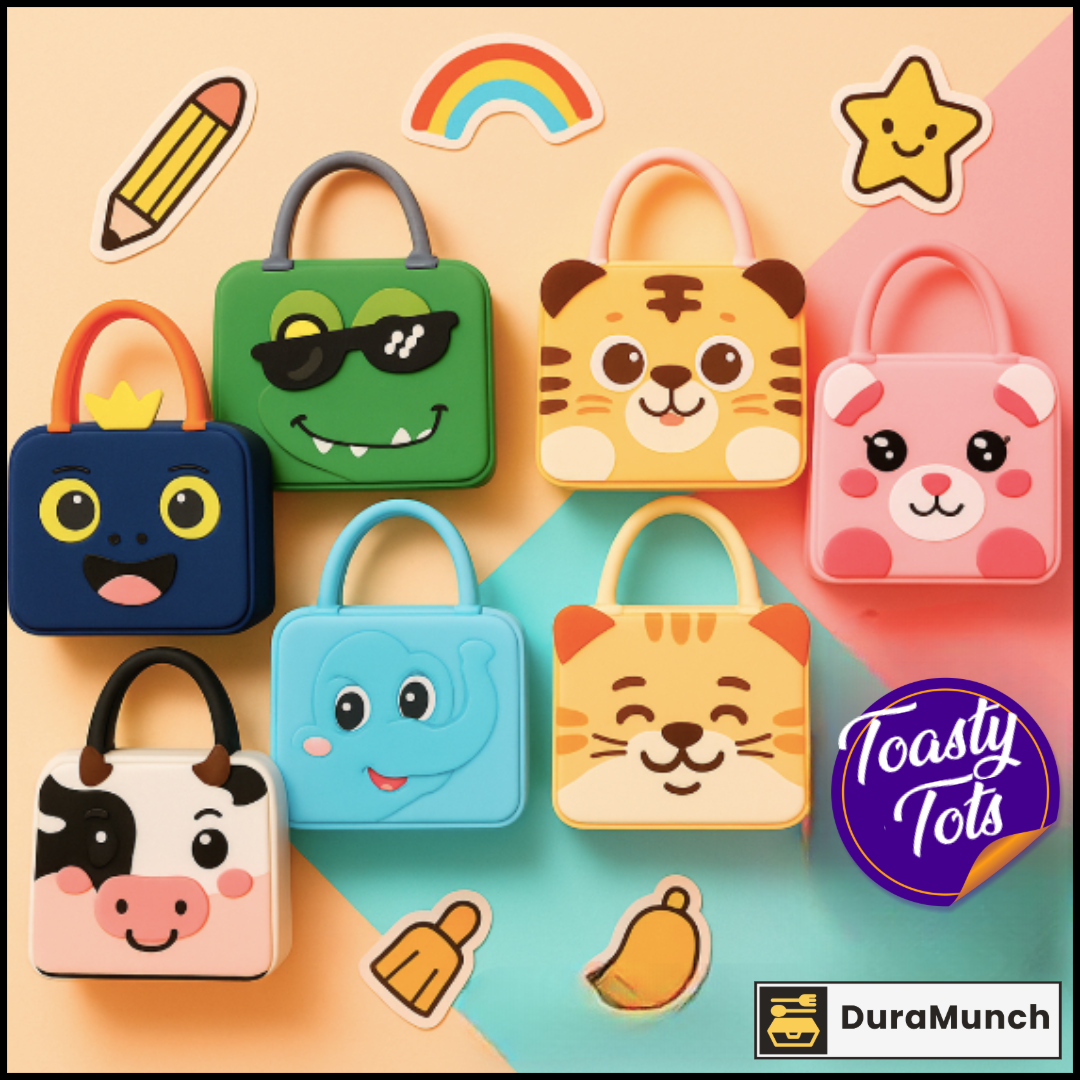 Collection of colorful children's lunch bags with animal faces on a light pink background, featuring the product 'DuraMunch Toasty Tots'.