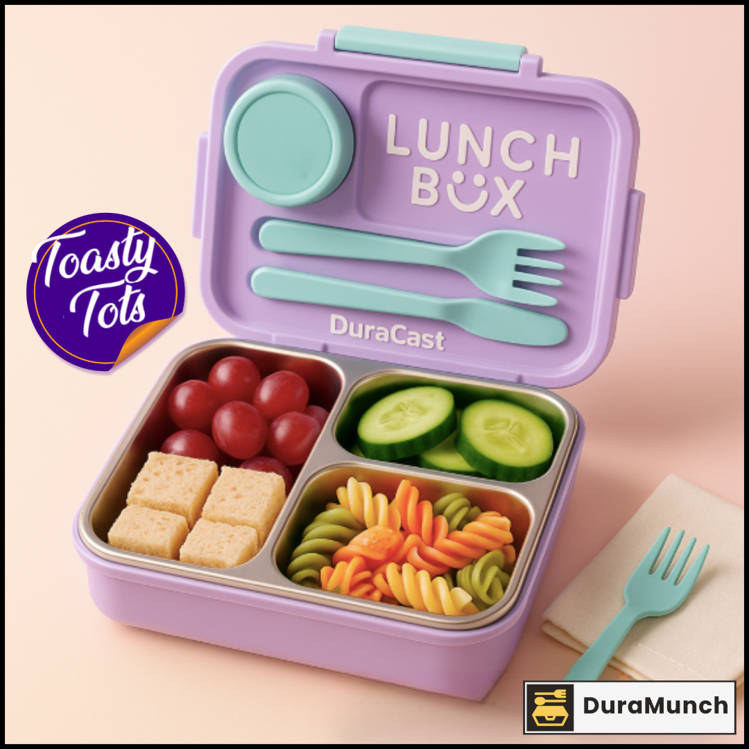 Purple lunch box with compartments filled with food and utensils, featuring 'Toasty Tots' and 'DuraMunch' logos.
