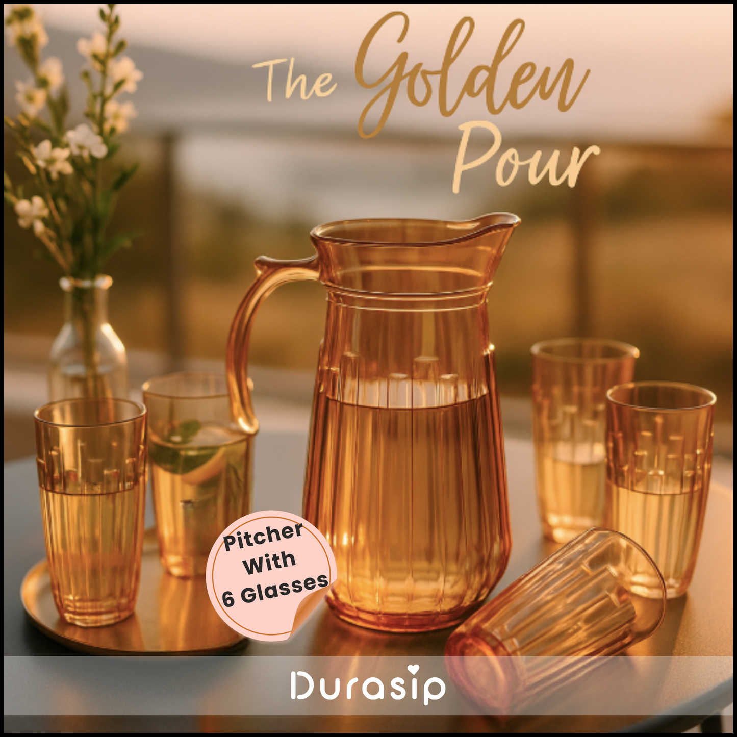 DuraSip Golden Pour – Premium 1.7L Golden Glass Pitcher Set with 6 Textured Glasses | Luxe Drinkware for Modern Homes & Gifting