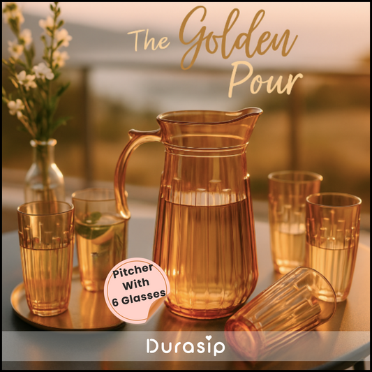 DuraSip Golden Pour – Premium 1.7L Golden Glass Pitcher Set with 6 Textured Glasses | Luxe Drinkware for Modern Homes & Gifting
