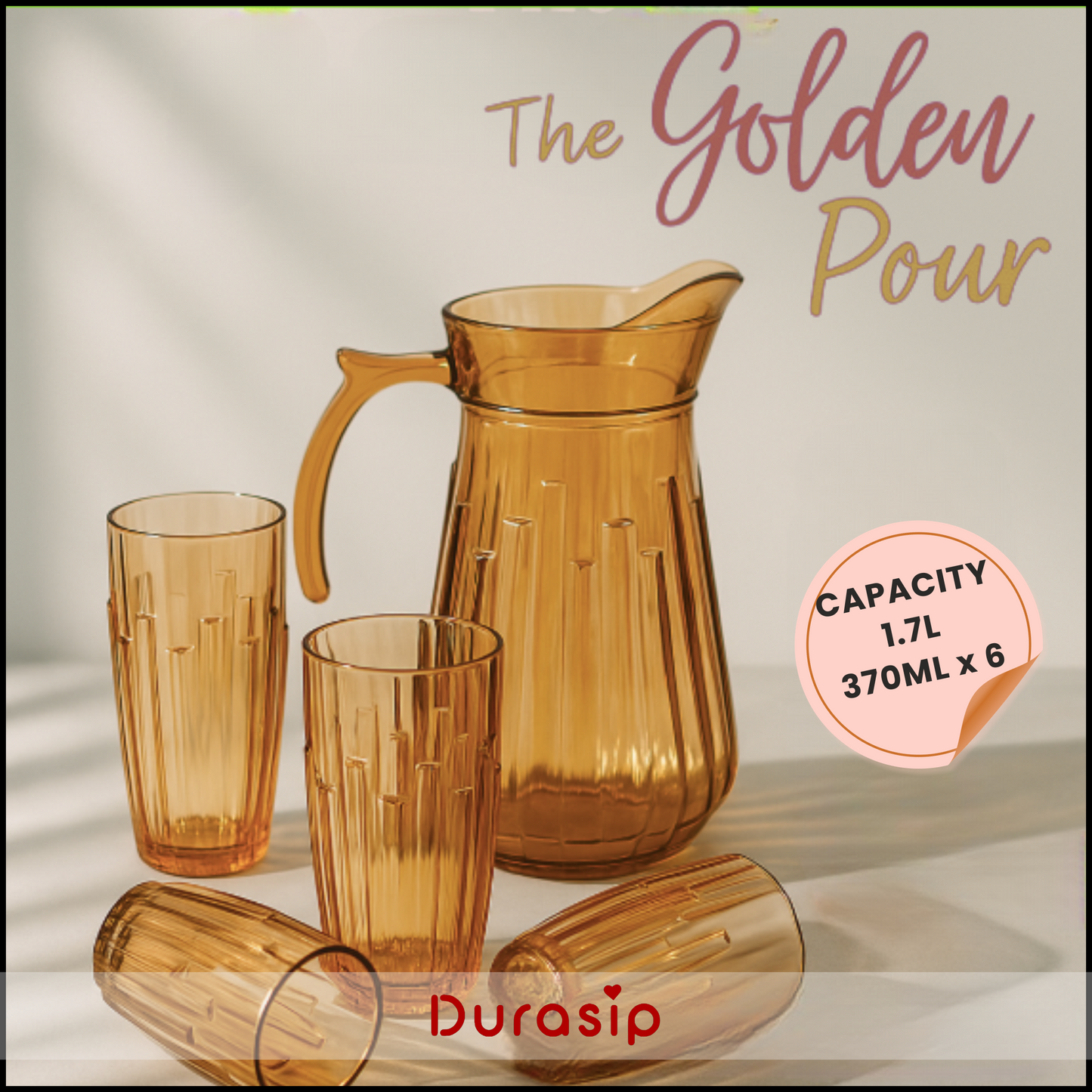 DuraSip Golden Pour – Premium 1.7L Golden Glass Pitcher Set with 6 Textured Glasses | Luxe Drinkware for Modern Homes & Gifting