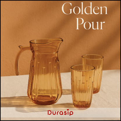 DuraSip Golden Pour – Premium 1.7L Golden Glass Pitcher Set with 6 Textured Glasses | Luxe Drinkware for Modern Homes & Gifting
