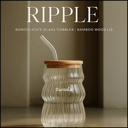 DuraSip™ Ripple Textured Glass Tumbler | 480ml | Eco-Luxe with Lid & Straw | Aesthetic Drinkware (SET OF 2)