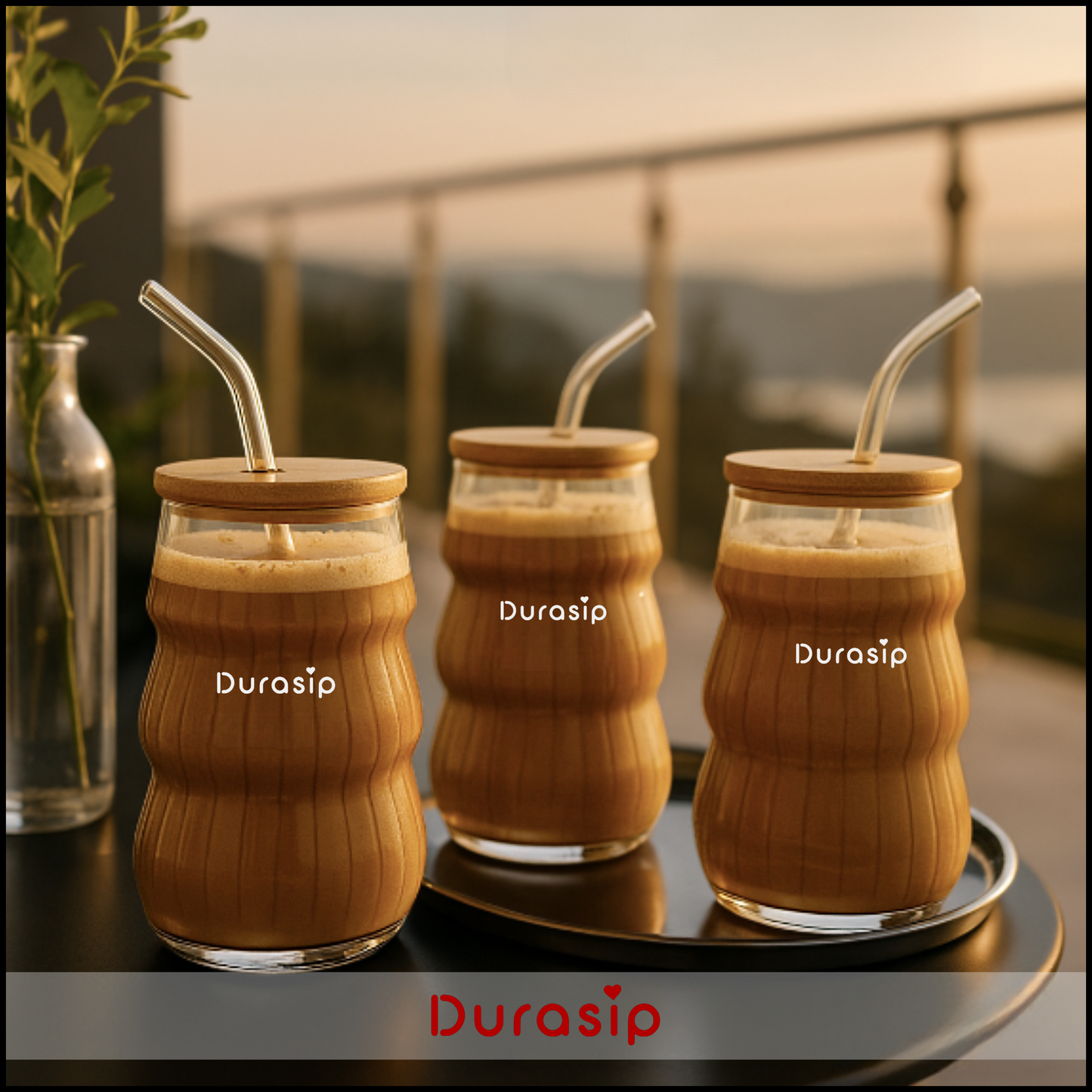 DuraSip™ Ripple Textured Glass Tumbler | 480ml | Eco-Luxe with Lid & Straw | Aesthetic Drinkware (SET OF 2)