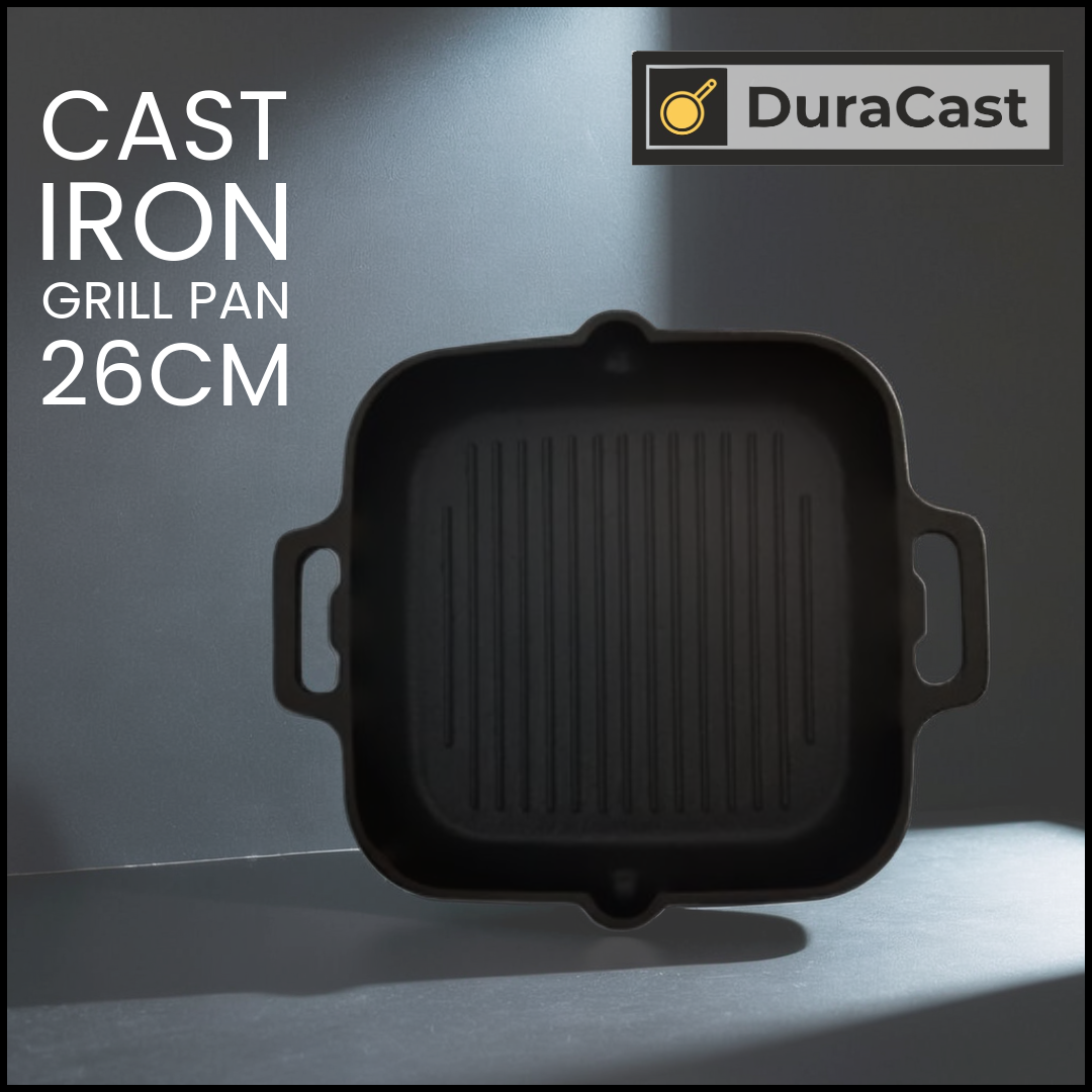 DuraCast 26cm Pre-Seasoned Cast Iron Grill Pan – Perfect for Searing & Grilling