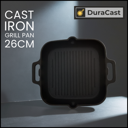 DuraCast 26cm Pre-Seasoned Cast Iron Grill Pan – Perfect for Searing & Grilling