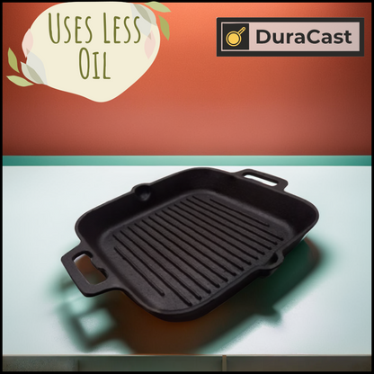 DuraCast 26cm Pre-Seasoned Cast Iron Grill Pan – Perfect for Searing & Grilling