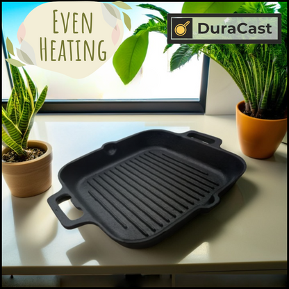 DuraCast 26cm Pre-Seasoned Cast Iron Grill Pan – Perfect for Searing & Grilling