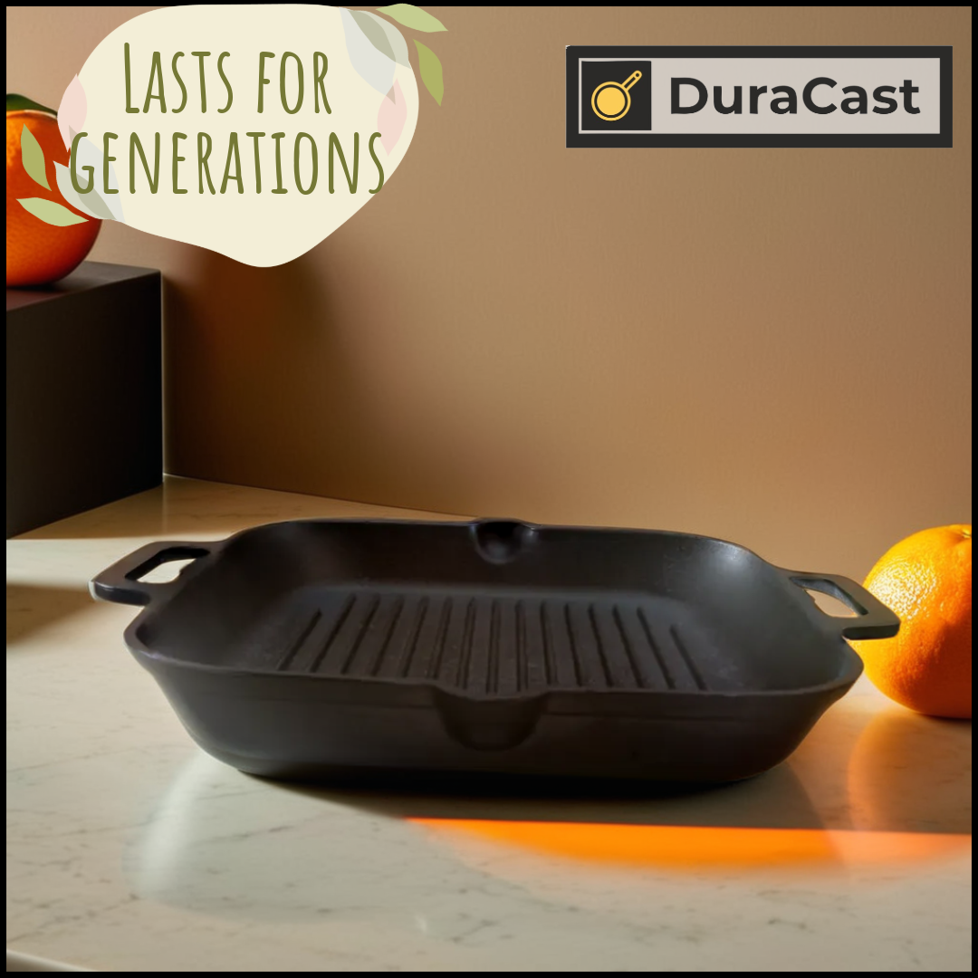 DuraCast 26cm Pre-Seasoned Cast Iron Grill Pan – Perfect for Searing & Grilling