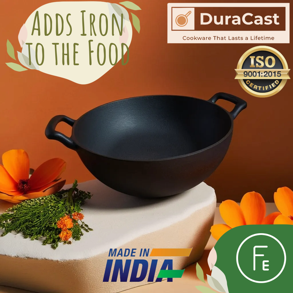 DuraCast India 24 cm Traditional Cast Iron Kadhai - Lightweight & Durable | 2.8 Kg | 3.3 Litres | Pre-Seasoned