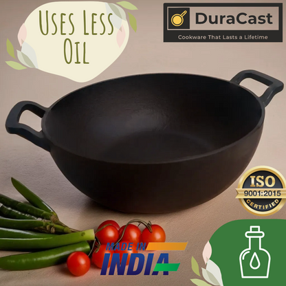 DuraCast India 24 cm Traditional Cast Iron Kadhai - Lightweight & Durable | 2.8 Kg | 3.3 Litres | Pre-Seasoned