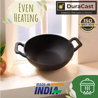 DuraCast India 24 cm Traditional Cast Iron Kadhai - Lightweight & Durable | 2.8 Kg | 3.3 Litres | Pre-Seasoned