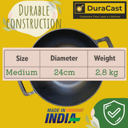 DuraCast India 24 cm Traditional Cast Iron Kadhai - Lightweight & Durable | 2.8 Kg | 3.3 Litres | Pre-Seasoned