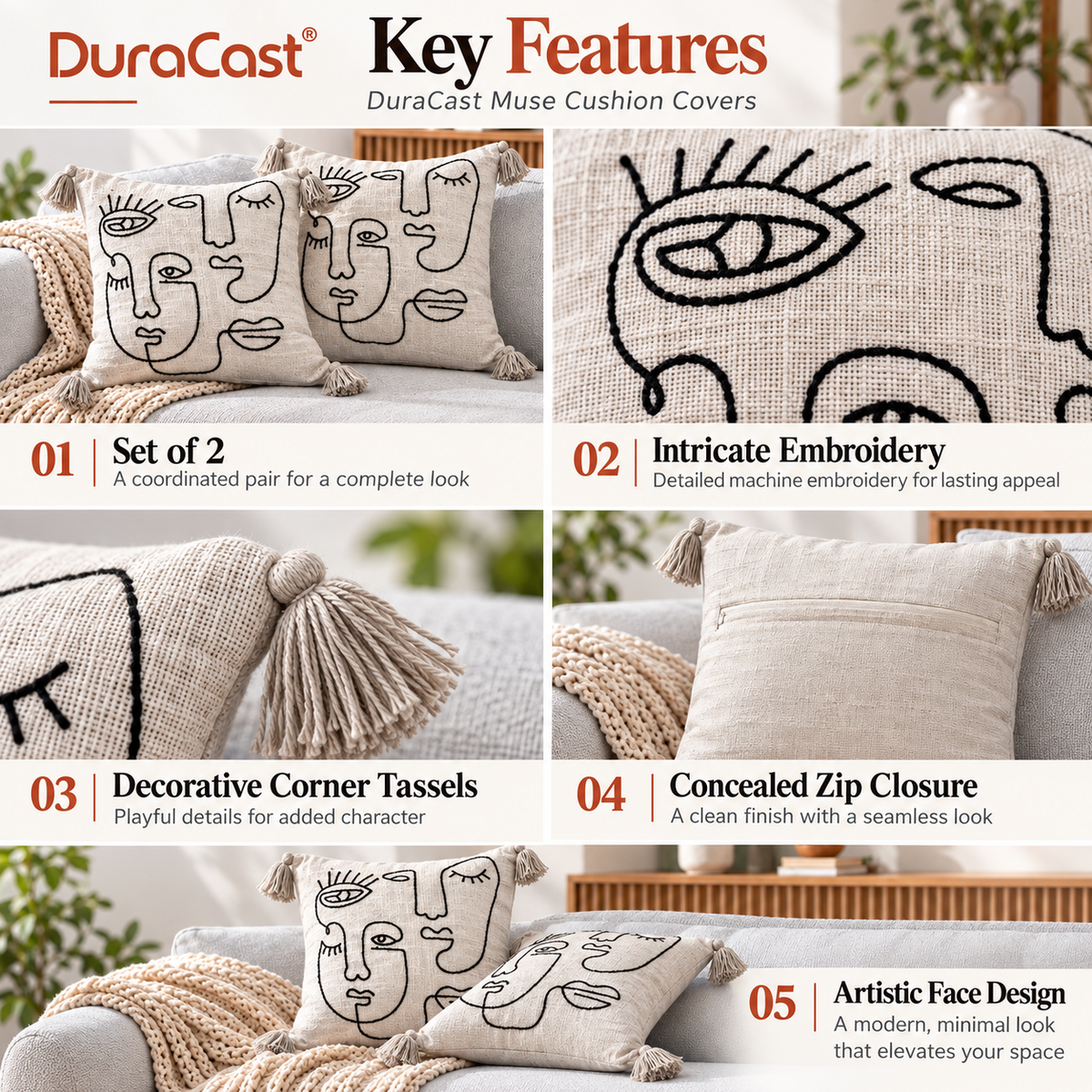 DuraCast Muse Cushion Covers – Set of 2 | 16 x 16 Inches