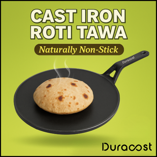 DuraCast® Cast Iron Roti Tawa – 10 Inch | Pre-Seasoned Concave Tawa for Roti, Chapati & Paratha | Gas & Induction Compatible