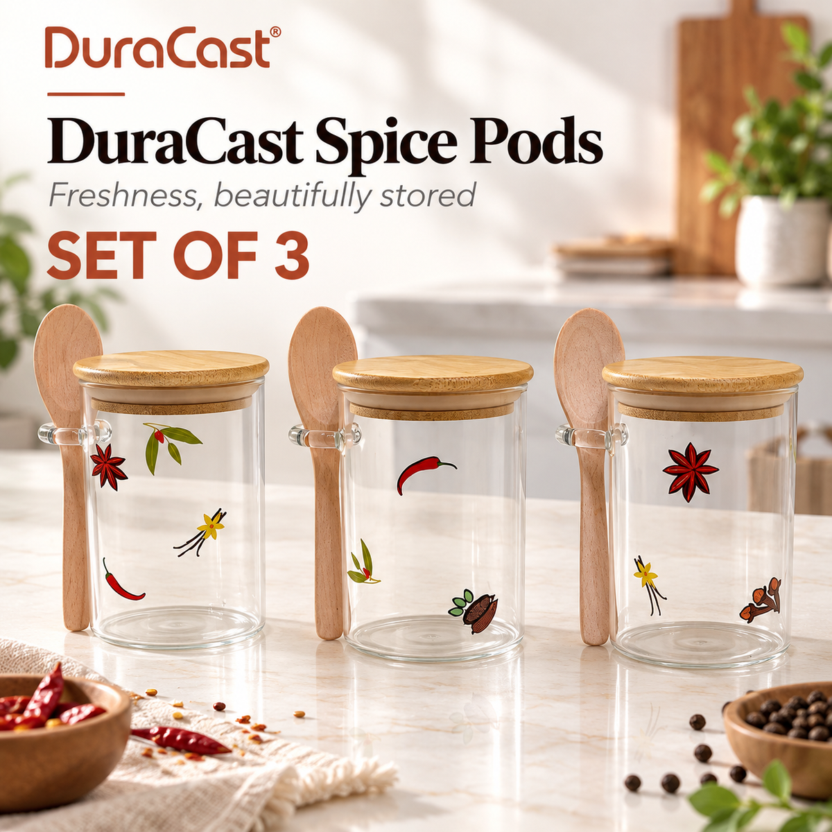 DuraCast SpicePod – Set of 3 Printed Airtight Storage Jars | 320ml Each