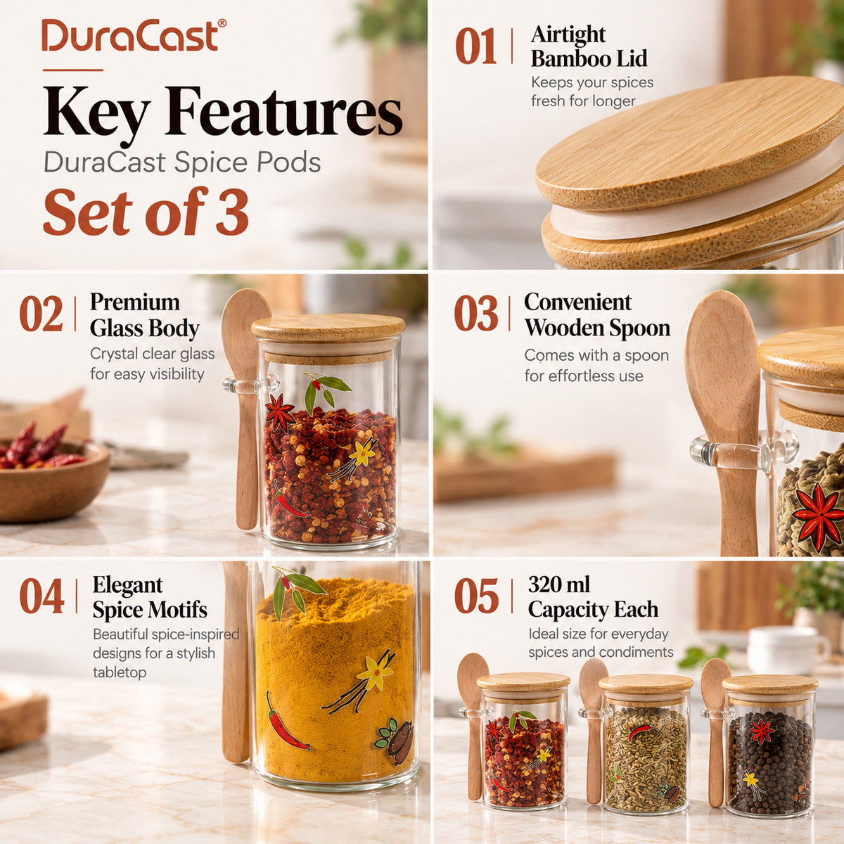 DuraCast SpicePod – Set of 3 Printed Airtight Storage Jars | 320ml Each