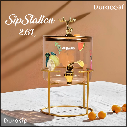 DuraSip™ SipStation 2.6L Premium Glass Beverage Dispenser with Golden Metal Stand & Leakproof Tap | Stylish Drink Dispenser for Juices, Mocktails, Water & Parties