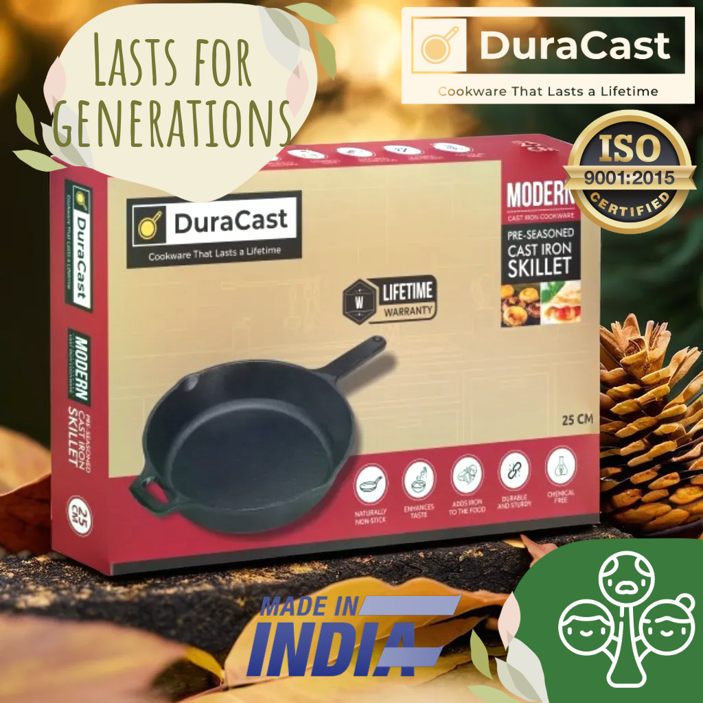 DuraCast India 25cm Cast Iron Skillet: Sear, Saute, and Sizzle with Authentic Flavors | 2.3Kg | Pre-Seasoned