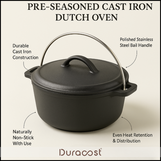 DuraCast® 4 L Cast Iron Dutch Oven – Heavy Duty Pre-Seasoned Pot for Cooking, Baking & Slow-Cooking