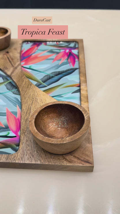 DuraHost™ Tropic Feast Wooden Platter Set | 14"x10" Tropical Serve Platter with 2 Matching Dip Bowls | Premium Handcrafted Snack & Starter Serving Set
