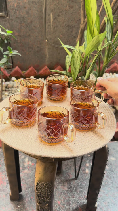 DuraSip™ Ambria Amber Glass Tea Cups – Set of 6 | 190 ml Diamond-Cut Tea & Coffee Cups with Handle
