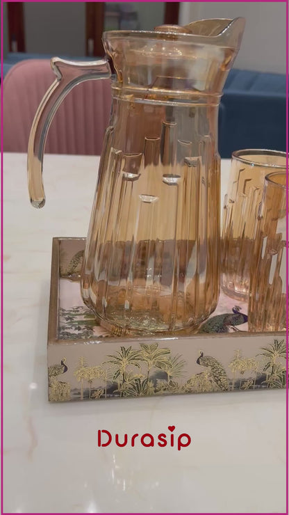 DuraSip Golden Pour – Premium 1.7L Golden Glass Pitcher Set with 6 Textured Glasses | Luxe Drinkware for Modern Homes & Gifting