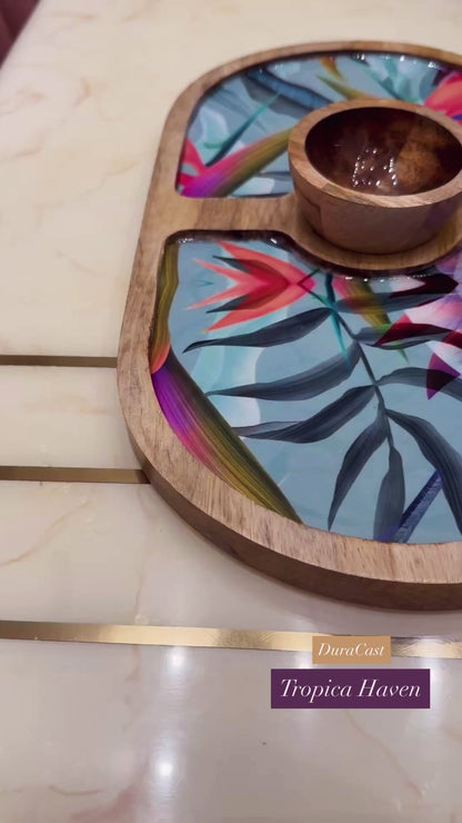 DuraHost™ Tropic Haven Wooden Platter Set | 14"x8" Serve Platter with Matching Dip Bowl | Premium Handcrafted Snack & Starter Serving Set