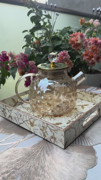DuraSip™ Chá Crystal Luxe Tea Set – Borosilicate Glass Kettle with Amber Mugs & Optional Wooden Tray | Elegant Tea & Coffee Server Gift Set