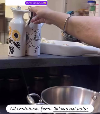 DuraCast® Olivia Ceramic Oil Bottle Set of 2 – 300ml Designer Olive Oil & Vinegar Dispenser with Handle & Lid | Assorted Handcrafted Patterns